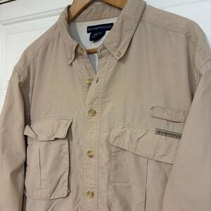 ExOfficio Mens L Tan Long Sleeve Button Up Utility Shirt Fish Hike Camp Outdoors